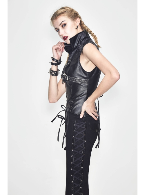 Black And Silver Axe-Shaped Loop Leather Embroidered Lace-Up Asymmetrical Hem Punk Waistcoat