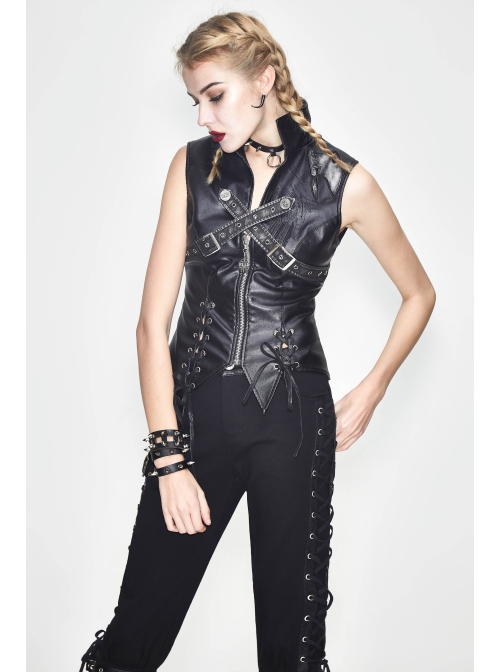 Black And Silver Axe-Shaped Loop Leather Embroidered Lace-Up Asymmetrical Hem Punk Waistcoat