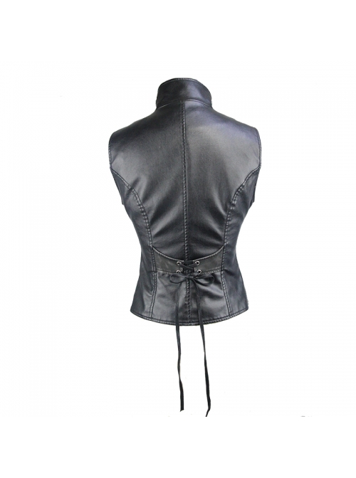 Black And Silver Axe-Shaped Loop Leather Embroidered Lace-Up Asymmetrical Hem Punk Waistcoat