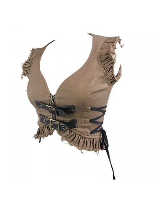 Bronze Hand-Rubbed Leather Low Collar Loop Side Lace-Up Frill Hem Brown Short Punk Waistcoat