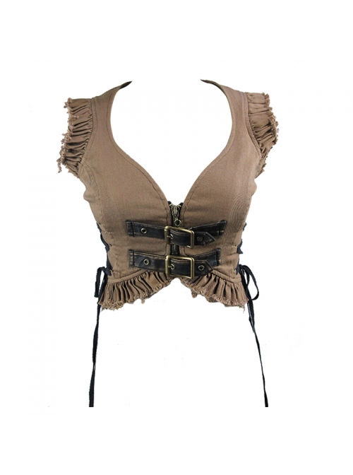 Bronze Hand-Rubbed Leather Low Collar Loop Side Lace-Up Frill Hem Brown Short Punk Waistcoat