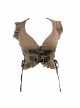 Bronze Hand-Rubbed Leather Low Collar Loop Side Lace-Up Frill Hem Brown Short Punk Waistcoat