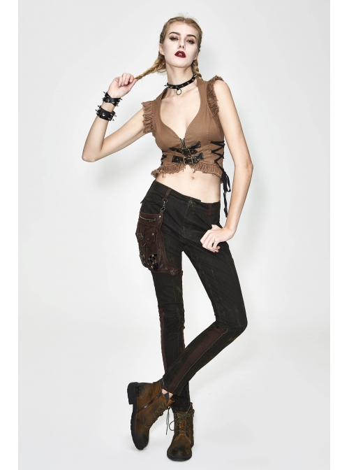 Bronze Hand-Rubbed Leather Low Collar Loop Side Lace-Up Frill Hem Brown Short Punk Waistcoat