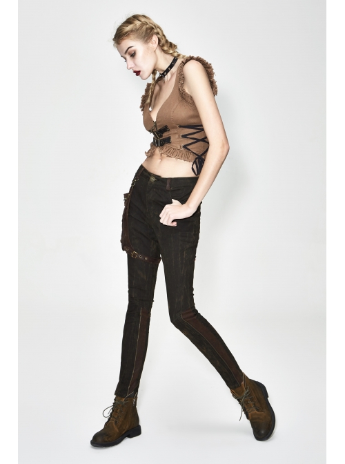 Bronze Hand-Rubbed Leather Low Collar Loop Side Lace-Up Frill Hem Brown Short Punk Waistcoat