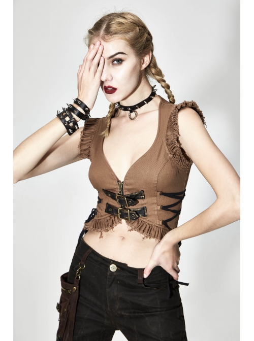 Bronze Hand-Rubbed Leather Low Collar Loop Side Lace-Up Frill Hem Brown Short Punk Waistcoat