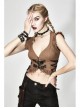 Bronze Hand-Rubbed Leather Low Collar Loop Side Lace-Up Frill Hem Brown Short Punk Waistcoat