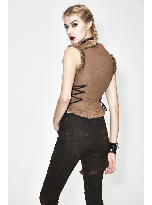 Bronze Hand-Rubbed Leather Low Collar Loop Side Lace-Up Frill Hem Brown Short Punk Waistcoat