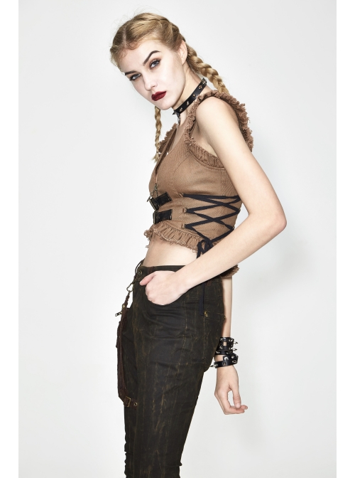 Bronze Hand-Rubbed Leather Low Collar Loop Side Lace-Up Frill Hem Brown Short Punk Waistcoat