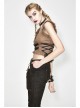 Bronze Hand-Rubbed Leather Low Collar Loop Side Lace-Up Frill Hem Brown Short Punk Waistcoat