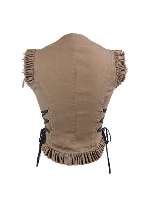 Bronze Hand-Rubbed Leather Low Collar Loop Side Lace-Up Frill Hem Brown Short Punk Waistcoat