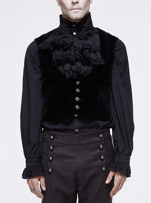 Black Velveteen Low Collar Metal Mushroom Button Waist Loop Short Gothic Waistcoat