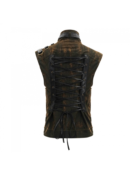 Brown Asymmetrical Bullet Belt 3D Pocket Leather Loop Rivet Back Lace-Up Punk Waistcoat