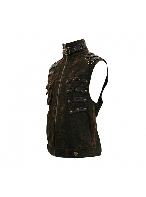 Brown Asymmetrical Bullet Belt 3D Pocket Leather Loop Rivet Back Lace-Up Punk Waistcoat