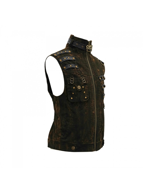 Brown Asymmetrical Bullet Belt 3D Pocket Leather Loop Rivet Back Lace-Up Punk Waistcoat