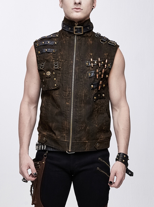 Brown Asymmetrical Bullet Belt 3D Pocket Leather Loop Rivet Back Lace-Up Punk Waistcoat
