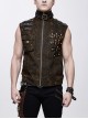 Brown Asymmetrical Bullet Belt 3D Pocket Leather Loop Rivet Back Lace-Up Punk Waistcoat