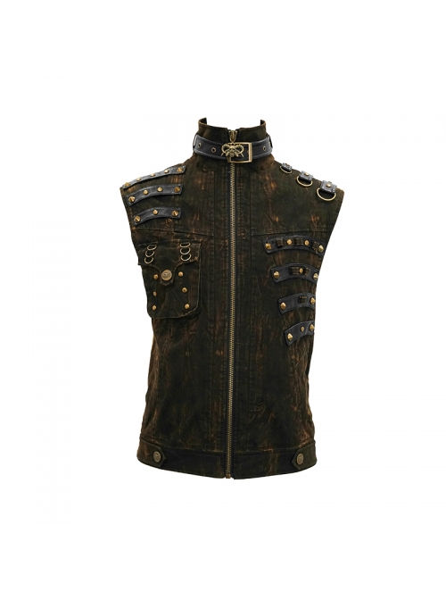 Brown Asymmetrical Bullet Belt 3D Pocket Leather Loop Rivet Back Lace-Up Punk Waistcoat