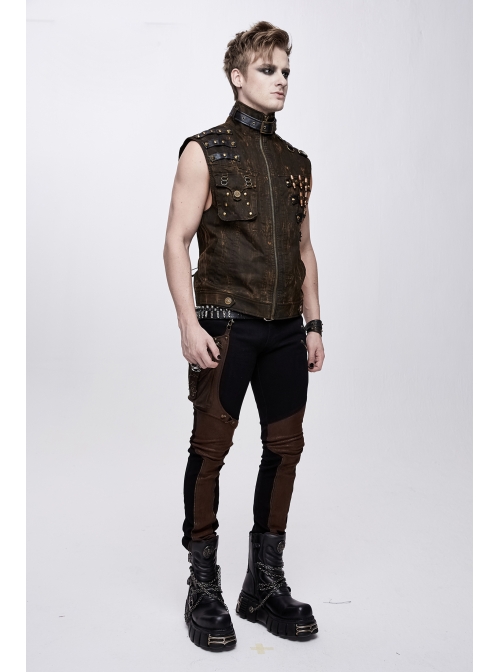 Brown Asymmetrical Bullet Belt 3D Pocket Leather Loop Rivet Back Lace-Up Punk Waistcoat