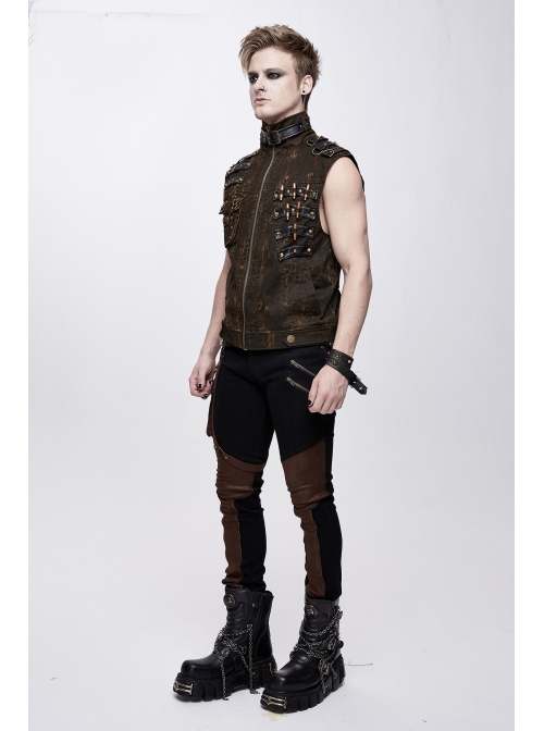 Brown Asymmetrical Bullet Belt 3D Pocket Leather Loop Rivet Back Lace-Up Punk Waistcoat