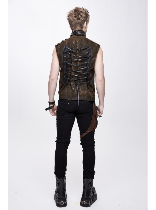Brown Asymmetrical Bullet Belt 3D Pocket Leather Loop Rivet Back Lace-Up Punk Waistcoat