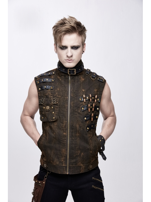 Brown Asymmetrical Bullet Belt 3D Pocket Leather Loop Rivet Back Lace-Up Punk Waistcoat