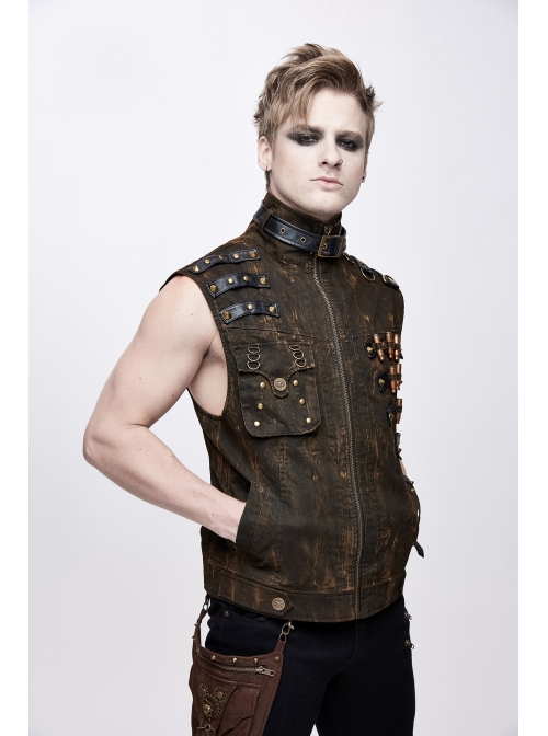 Brown Asymmetrical Bullet Belt 3D Pocket Leather Loop Rivet Back Lace-Up Punk Waistcoat