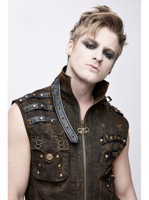 Brown Asymmetrical Bullet Belt 3D Pocket Leather Loop Rivet Back Lace-Up Punk Waistcoat
