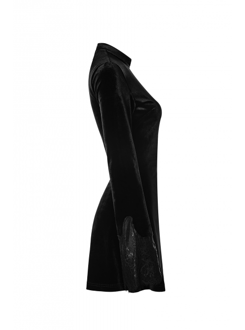 Gothic Female Dark Velvet Lace Stitching Elastic Dress