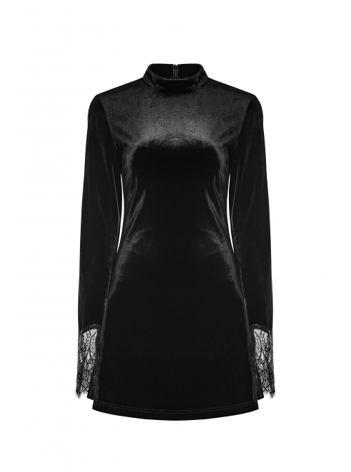 Gothic Female Dark Velvet Lace Stitching Elastic Dress