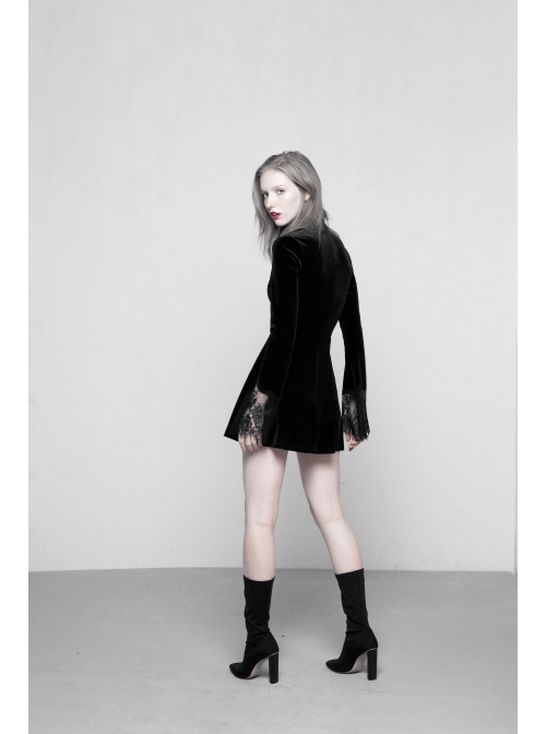 Gothic Female Dark Velvet Lace Stitching Elastic Dress