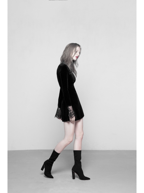Gothic Female Dark Velvet Lace Stitching Elastic Dress