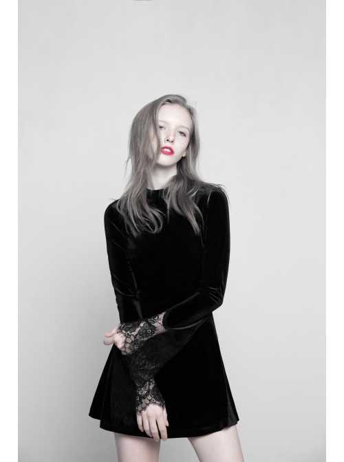 Gothic Female Dark Velvet Lace Stitching Elastic Dress