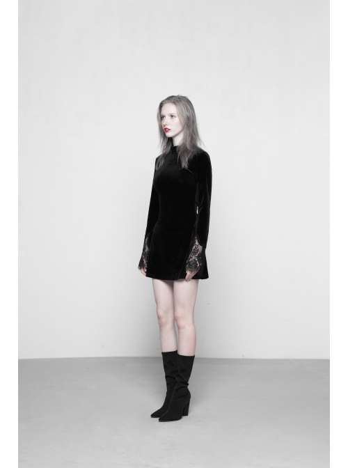 Gothic Female Dark Velvet Lace Stitching Elastic Dress