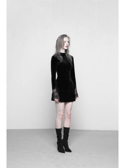 Gothic Female Dark Velvet Lace Stitching Elastic Dress