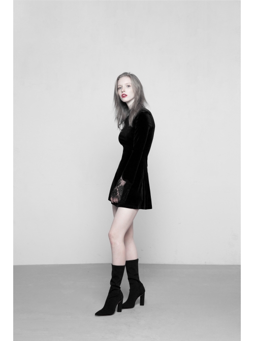 Gothic Female Dark Velvet Lace Stitching Elastic Dress