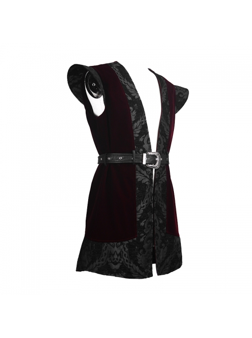 Velveteen Splice Jacquard Medium Waist Belt Metal Buckle Gray Gothic Length Waistcoat