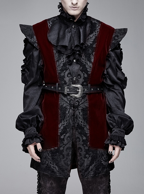 Velveteen Splice Jacquard Medium Waist Belt Metal Buckle Gray Gothic Length Waistcoat