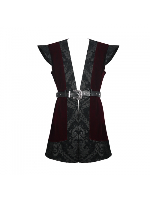 Velveteen Splice Jacquard Medium Waist Belt Metal Buckle Gray Gothic Length Waistcoat