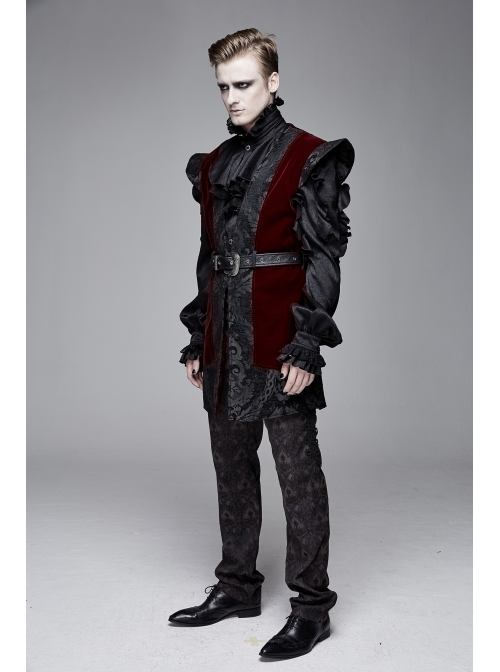 Velveteen Splice Jacquard Medium Waist Belt Metal Buckle Gray Gothic Length Waistcoat