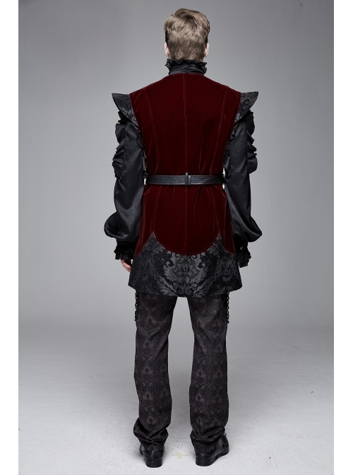 Velveteen Splice Jacquard Medium Waist Belt Metal Buckle Gray Gothic Length Waistcoat