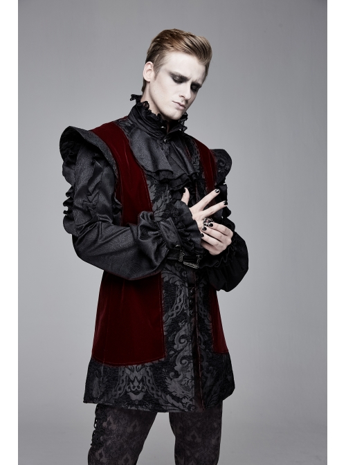 Velveteen Splice Jacquard Medium Waist Belt Metal Buckle Gray Gothic Length Waistcoat