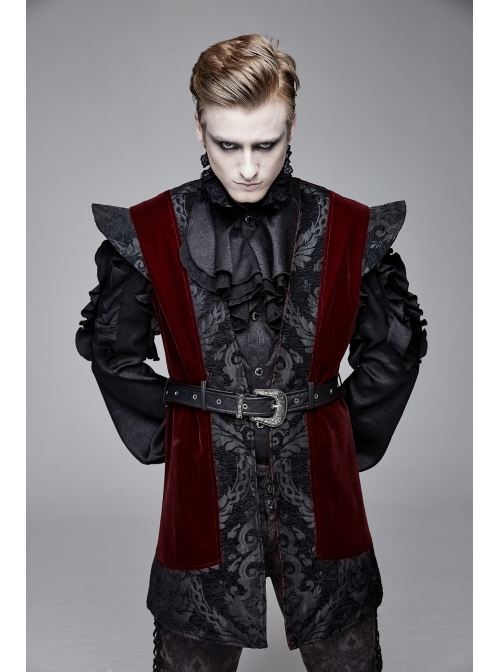 Velveteen Splice Jacquard Medium Waist Belt Metal Buckle Gray Gothic Length Waistcoat