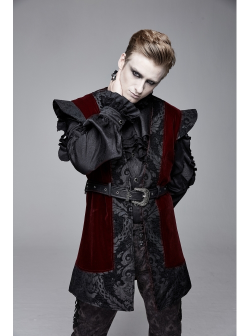 Velveteen Splice Jacquard Medium Waist Belt Metal Buckle Gray Gothic Length Waistcoat