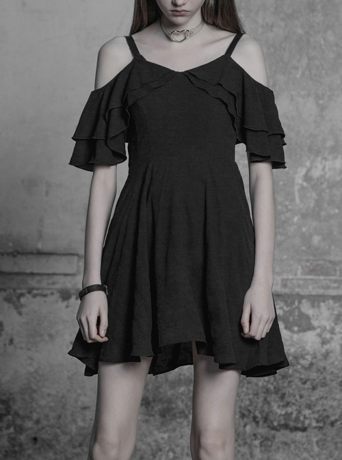 Gothic Dark Female Lotus Leaf Leather Strap Chiffon Dress