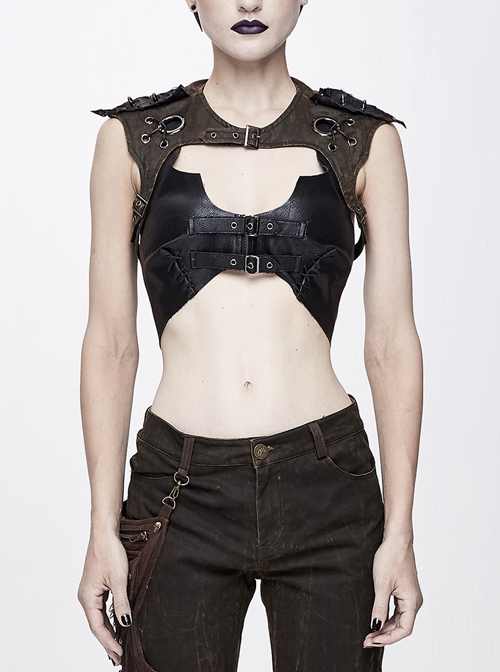 Brown Chest Hollow Loop Back Lace-Up Punk Raglan Sleeve Corset
