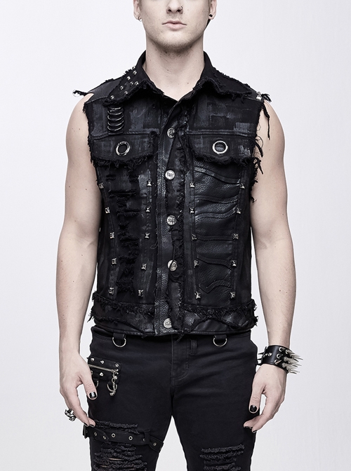 Black Coarse Twill Worn Out Heavy Metal Rivet Back Printed Punk Waistcoat