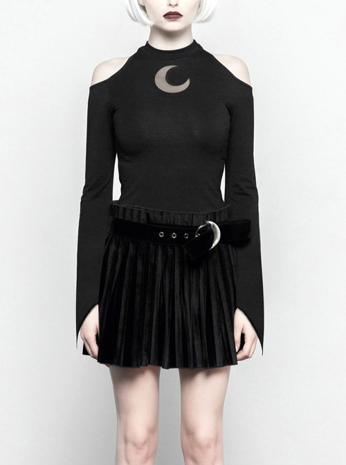 Gothic Female Black Off The Shoulder Moon Printed Slim Fitting Dress