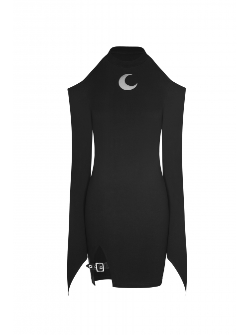 Gothic Female Black Off The Shoulder Moon Printed Slim Fitting Dress