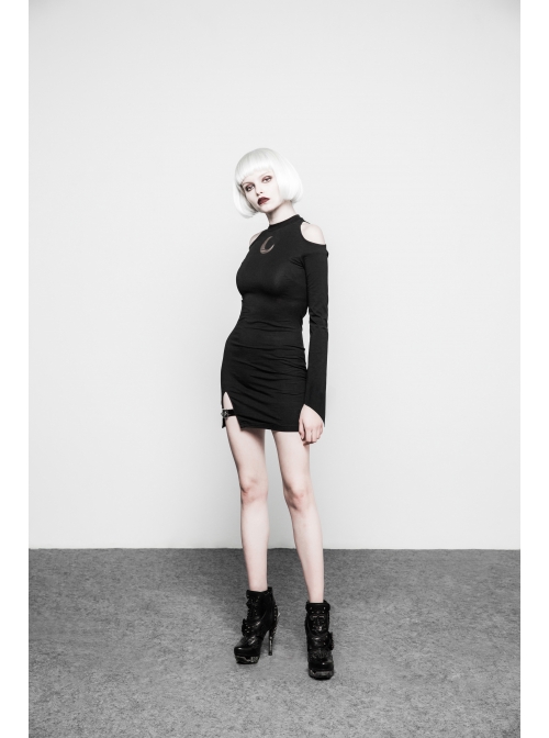 Gothic Female Black Off The Shoulder Moon Printed Slim Fitting Dress