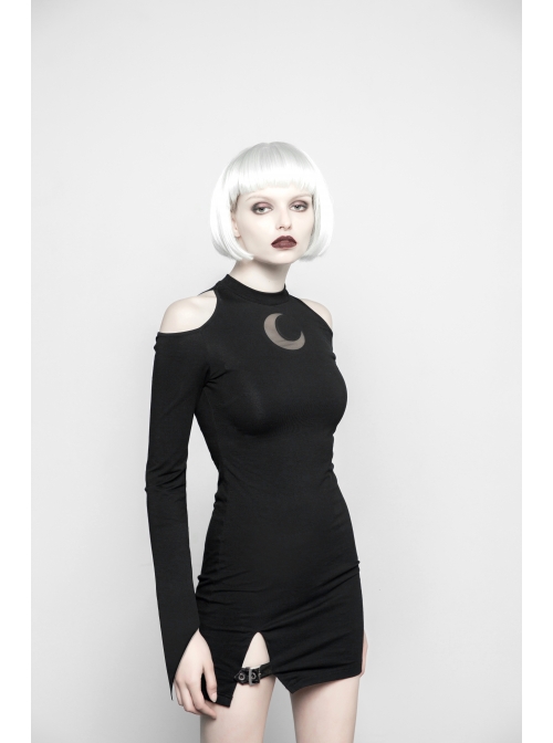 Gothic Female Black Off The Shoulder Moon Printed Slim Fitting Dress